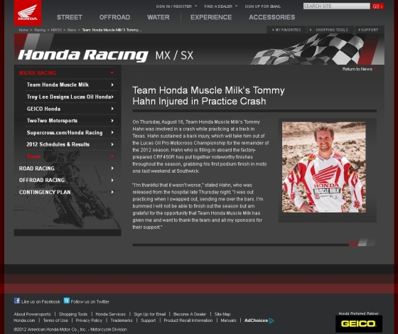 Honda Press - Hahn out for 2012 MX Season 8-11-12