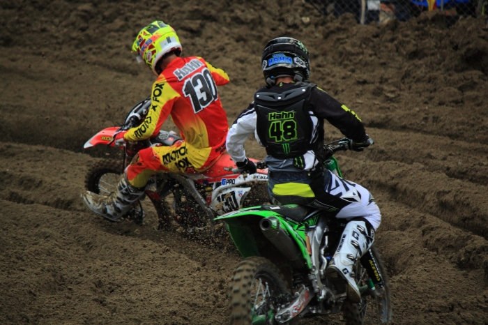 Tommy racing with brother Wil in 1st moto at Glen Helen (tmphotoart.com photo)